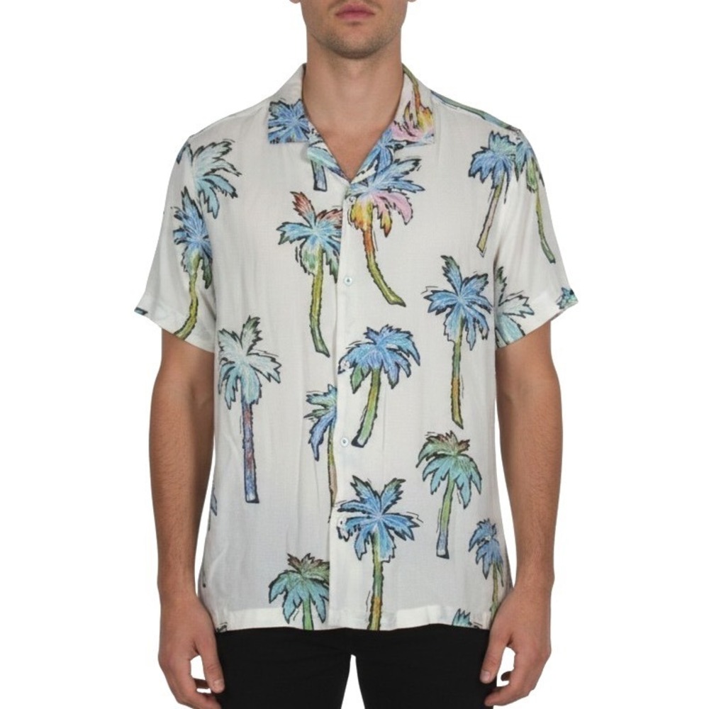 DENIM & FLOWER Ricky Singh PALM TREES TROPICAL HAWAIIAN Men's TWILL SHIRT Sz M